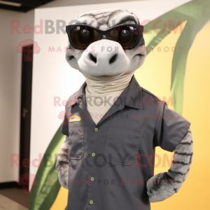 Gray Anaconda mascot costume character dressed with a Henley Shirt and Sunglasses