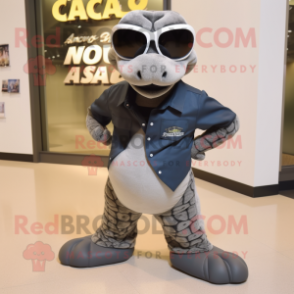 Gray Anaconda mascot costume character dressed with a Henley Shirt and Sunglasses