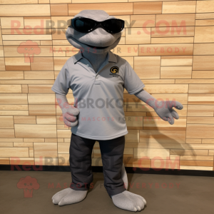 Gray Anaconda mascot costume character dressed with a Henley Shirt and Sunglasses