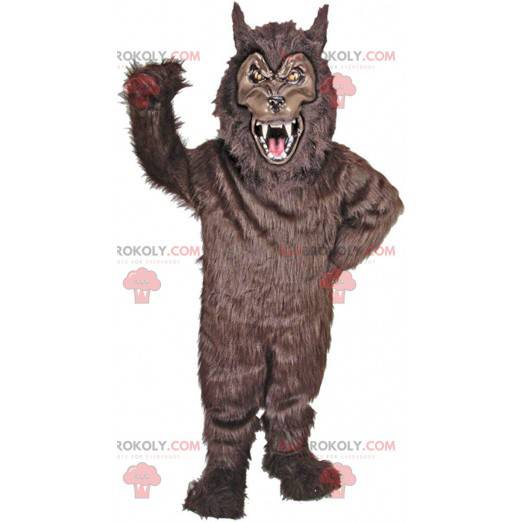 Scary black werewolf mascot, dangerous animal costume -
