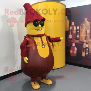 Maroon Bottle Of Mustard mascot costume character dressed with a Vest and Handbags