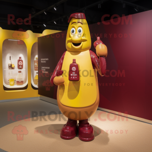 Maroon Bottle Of Mustard mascot costume character dressed with a Vest and Handbags