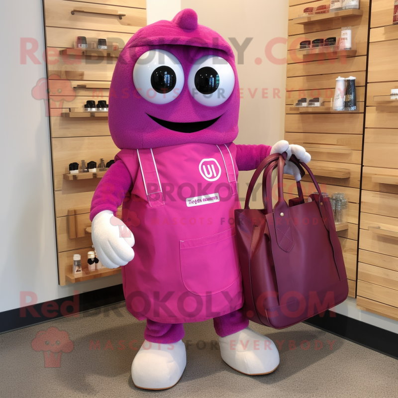 Magenta Doctor mascot costume character dressed with a Tank Top and Tote bags