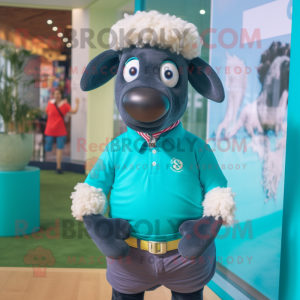 Turquoise Suffolk Sheep mascot costume character dressed with a Polo Shirt and Brooches