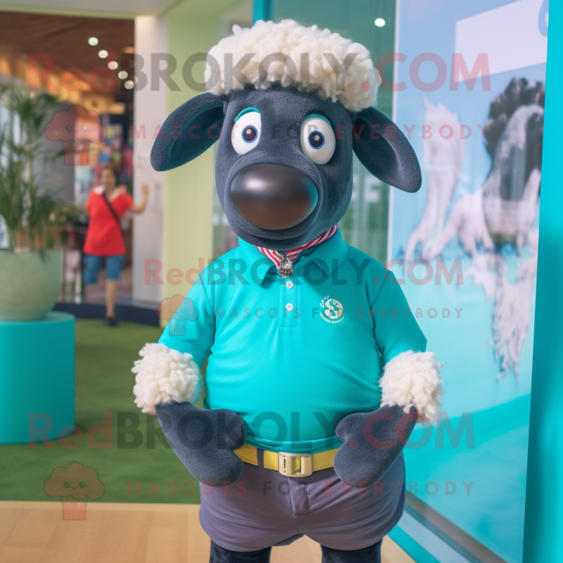 Turquoise Suffolk Sheep mascot costume character dressed with a Polo Shirt and Brooches Turquoise Suffolk Sheep mascot costume character dressed with a Polo Shirt and Brooches