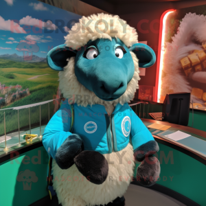 Turquoise Suffolk Sheep mascot costume character dressed with a Polo Shirt and Brooches