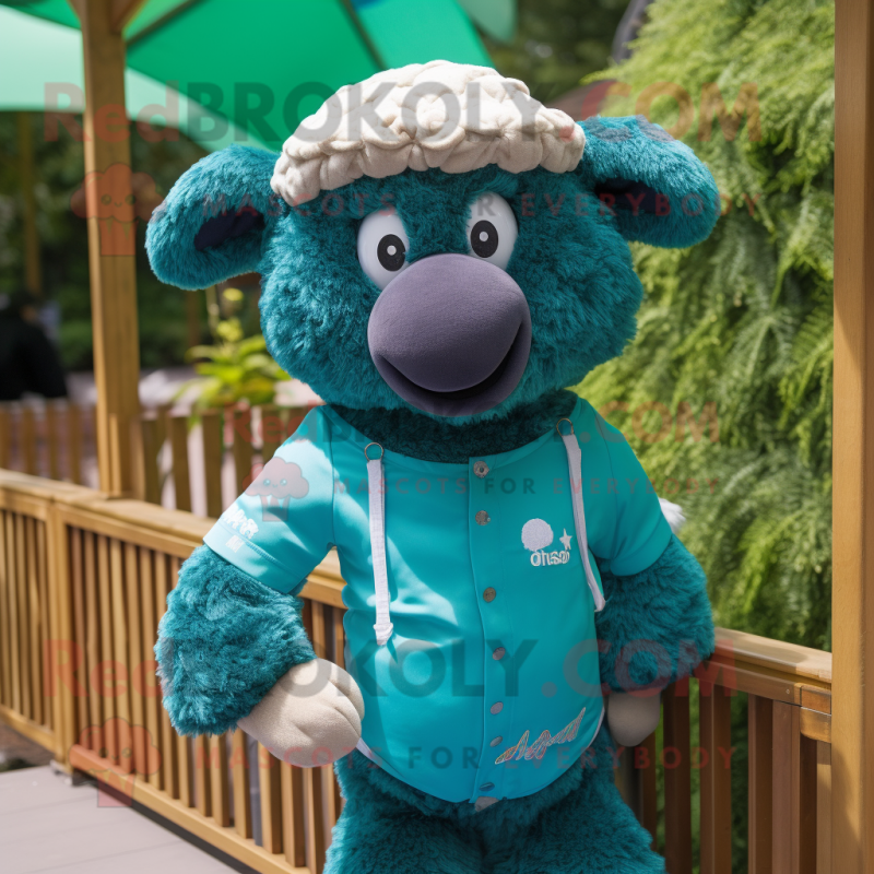 Turquoise Suffolk Sheep mascot costume character dressed with a Polo Shirt and Brooches