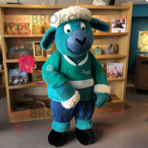 Turquoise Suffolk Sheep mascot costume character dressed with a Polo Shirt and Brooches