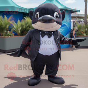 Black Killer Whale mascot costume character dressed with a Bermuda Shorts and Bow ties