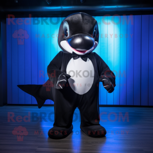 Black Killer Whale mascot costume character dressed with a Bermuda Shorts and Bow ties