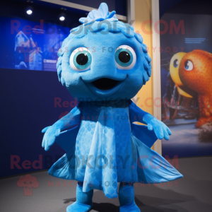 Blue Cod mascot costume character dressed with a Wrap Dress and Hairpins