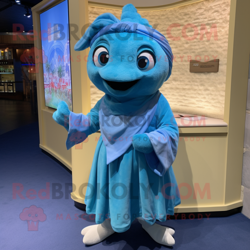 Blue Cod mascot costume character dressed with a Wrap Dress and Hairpins Blue Cod mascot costume character dressed with a Wrap Dress and Hairpins