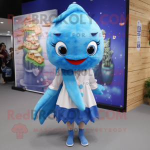 Blue Cod mascot costume character dressed with a Wrap Dress and Hairpins