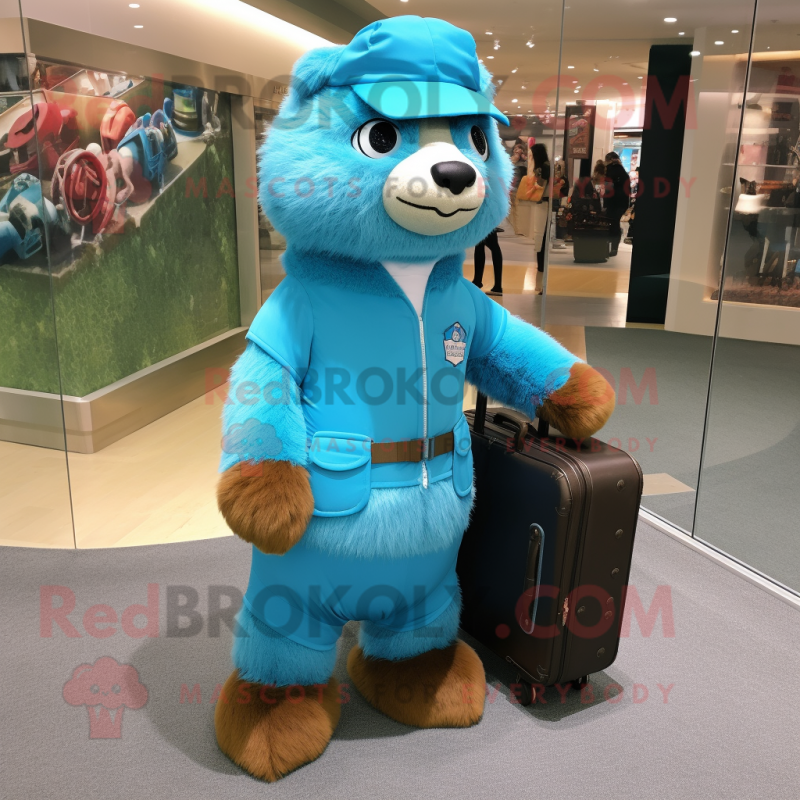 Sky Blue Marmot mascot costume character dressed with a Bodysuit and Messenger bags Sky Blue Marmot mascot costume character dressed with a Bodysuit and Messenger bags