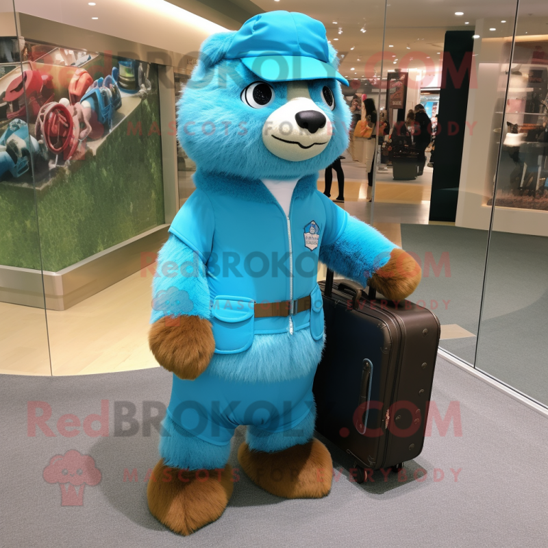 Sky Blue Marmot mascot costume character dressed with a Bodysuit and Messenger bags