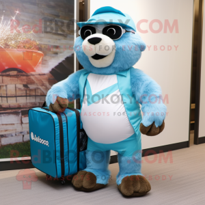 Sky Blue Marmot mascot costume character dressed with a Bodysuit and Messenger bags