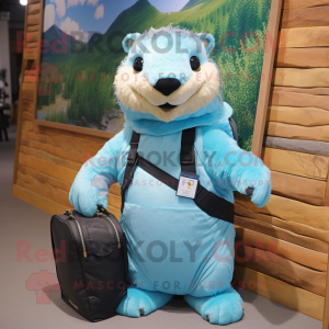 Sky Blue Marmot mascot costume character dressed with a Bodysuit and Messenger bags