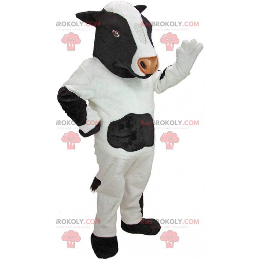 Mascote de vaca branca e preta, fantasia de animal de fazenda -