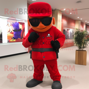 Red Soldier mascot costume character dressed with a Joggers and Reading glasses
