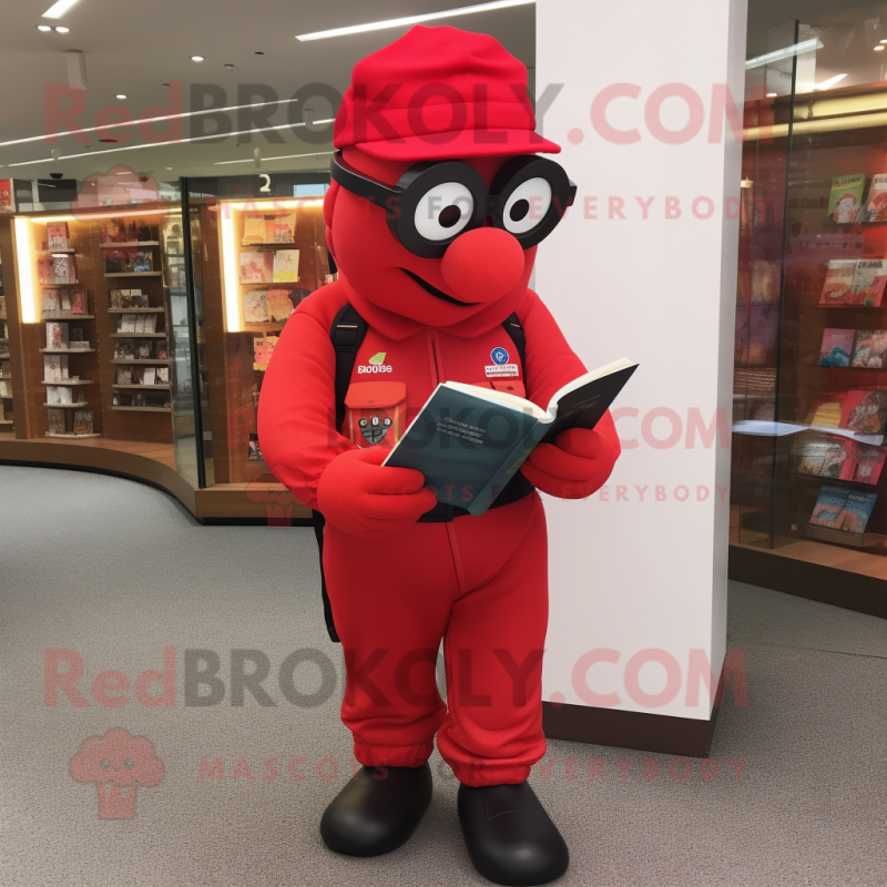 Red Soldier mascot costume character dressed with a Joggers and Reading glasses