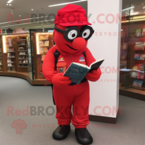 Red Soldier mascot costume character dressed with a Joggers and Reading glasses
