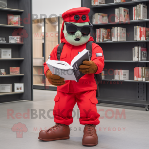 Red Soldier mascot costume character dressed with a Joggers and Reading glasses