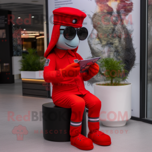 Red Soldier mascot costume character dressed with a Joggers and Reading glasses