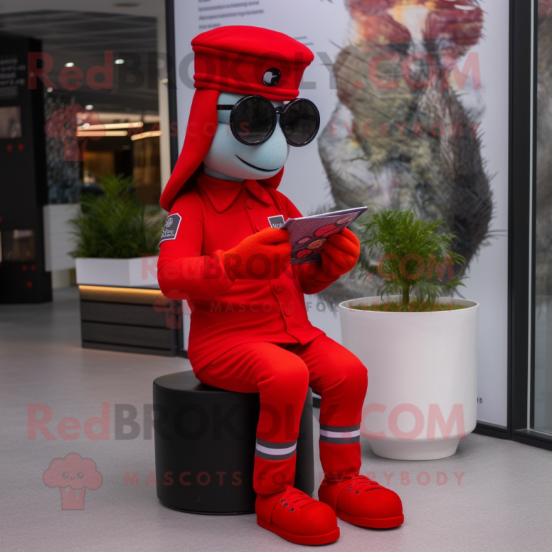 Red Soldier mascot costume character dressed with a Joggers and Reading glasses Red Soldier mascot costume character dressed with a Joggers and Reading glasses