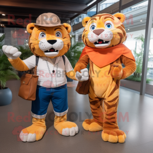 nan Saber-Toothed Tiger mascot costume character dressed with a Boyfriend Jeans and Messenger bags