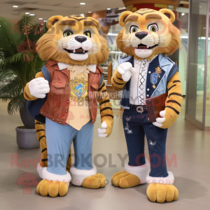 nan Saber-Toothed Tiger mascot costume character dressed with a Boyfriend Jeans and Messenger bags