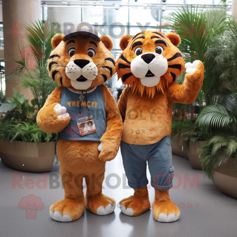 nan Saber-Toothed Tiger mascot costume character dressed with a Boyfriend Jeans and Messenger bags