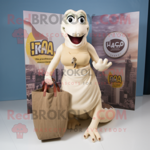 Beige Hydra mascot costume character dressed with a Pencil Skirt and Tote bags