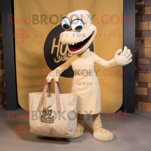 Beige Hydra mascot costume character dressed with a Pencil Skirt and Tote bags