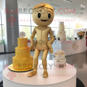 Gold Wedding Cake mascot costume character dressed with a Yoga Pants and Lapel pins