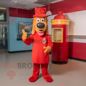 Red Hot Dog mascot costume character dressed with a Shift Dress and Hat pins