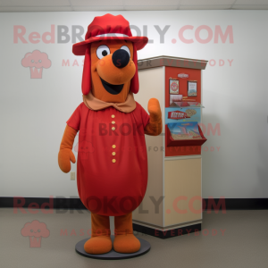 Red Hot Dog mascot costume character dressed with a Shift Dress and Hat pins