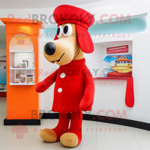 Red Hot Dog mascot costume character dressed with a Shift Dress and Hat pins
