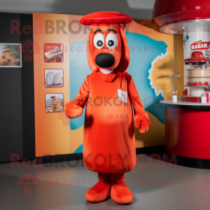 Red Hot Dog mascot costume character dressed with a Shift Dress and Hat pins