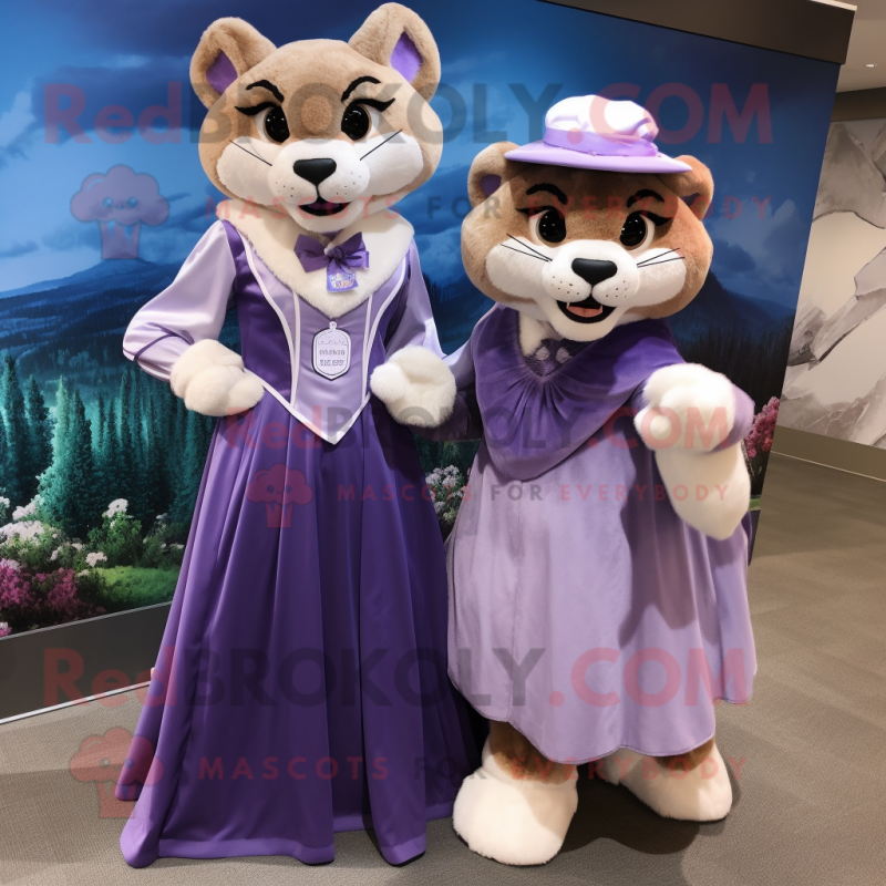 Lavender Mountain Lion mascot costume character dressed with a Ball Gown and Berets Lavender Mountain Lion mascot costume character dressed with a Ball Gown and Berets