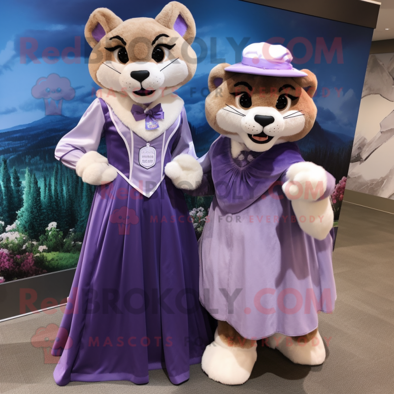 Lavender Mountain Lion mascot costume character dressed with a Ball Gown and Berets