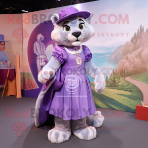 Lavender Mountain Lion mascot costume character dressed with a Ball Gown and Berets