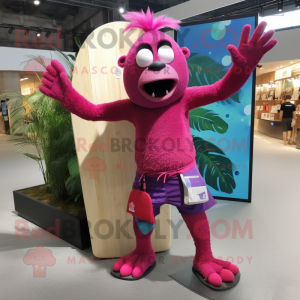 Magenta Acrobat mascot costume character dressed with a Board Shorts and Clutch bags