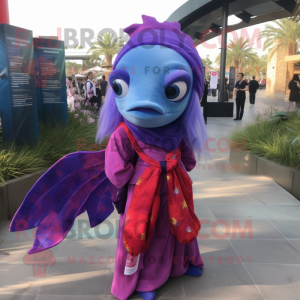 Purple Betta Fish mascot costume character dressed with a Blouse and Scarf clips