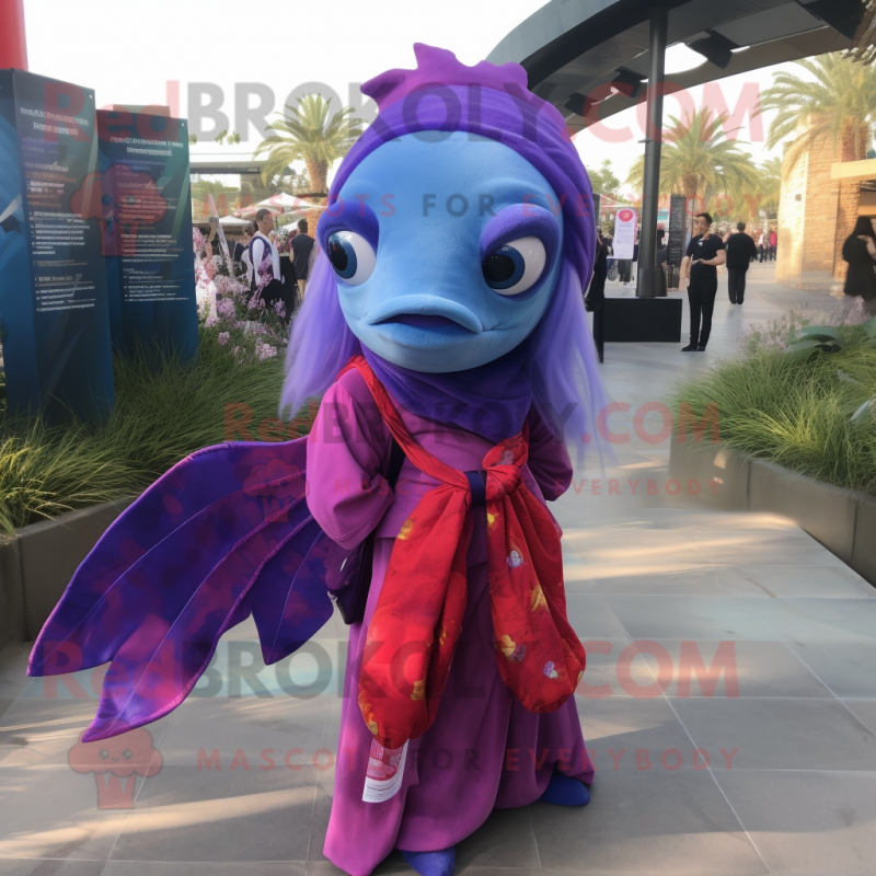 Purple Betta Fish mascot costume character dressed with a Blouse and Scarf clips Purple Betta Fish mascot costume character dressed with a Blouse and Scarf clips