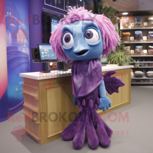 Purple Betta Fish mascot costume character dressed with a Blouse and Scarf clips