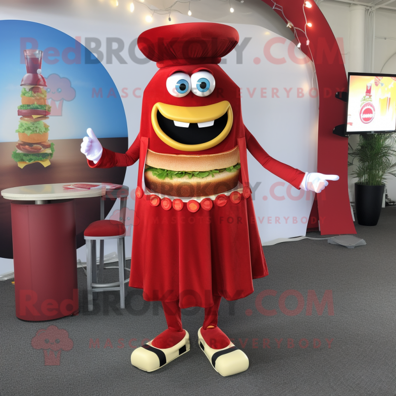 Red Hamburger mascot costume character dressed with a Cocktail Dress and Rings Red Hamburger mascot costume character dressed with a Cocktail Dress and Rings