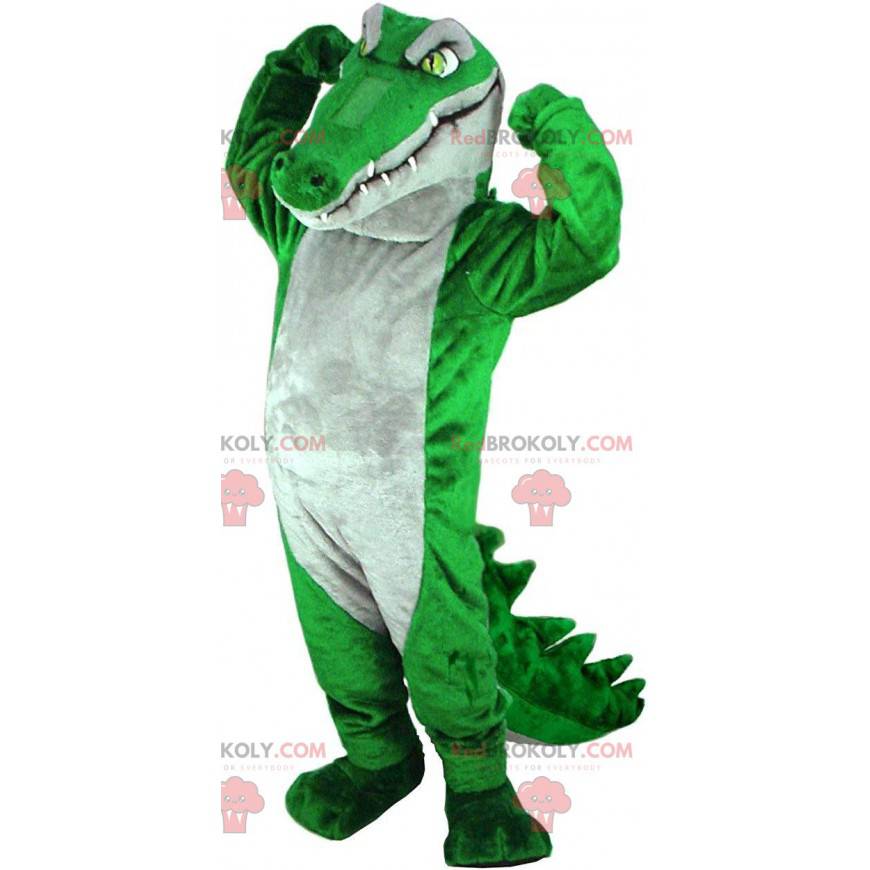 Mascote crocodilo verde e cinza muito impressionante e realista