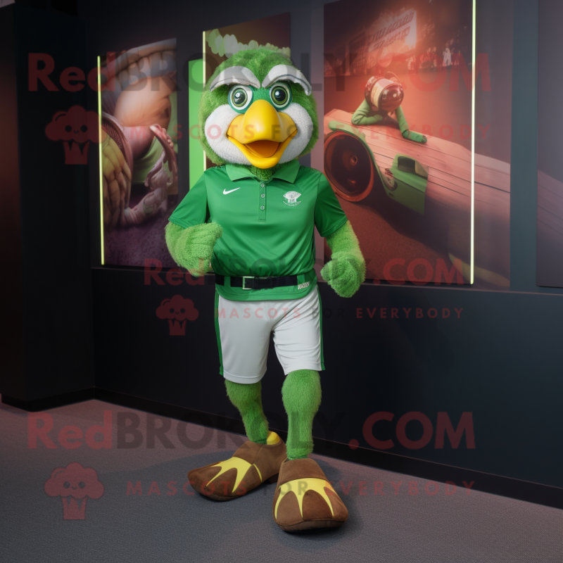 Green Hawk mascot costume character dressed with a Running Shorts and Belts