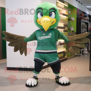 Green Hawk mascot costume character dressed with a Running Shorts and Belts