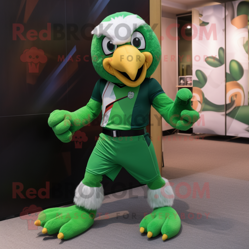 Green Hawk mascot costume character dressed with a Running Shorts and Belts Green Hawk mascot costume character dressed with a Running Shorts and Belts